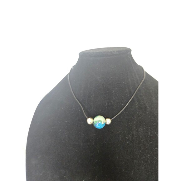 Black Corded Necklace with Peacock Bead Silver Tone Adjustable Length - Picture 1 of 8